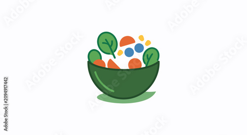 Minimalist vector illustration of a fresh healthy vegetable salad in a green bowl.