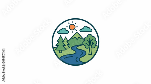 Minimalist vector badge design featuring mountain river landscape and trees.