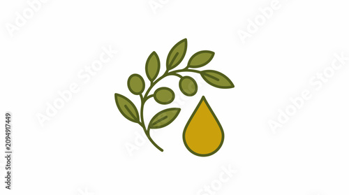 Stylized hand drawn olive branch with a golden drop of olive oil.