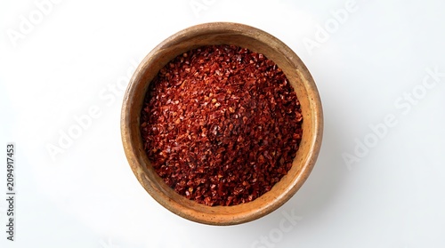 Top view of a wooden bowl filled with dark purple acai berry puree and red goji berries for a healthy breakfast snack. Korean chili powder