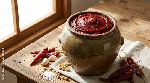 Traditional korean fermented soybean paste or gochujang in an earthen clay pot on a wooden table with chili peppers and garlic. Gochujang cooking guide