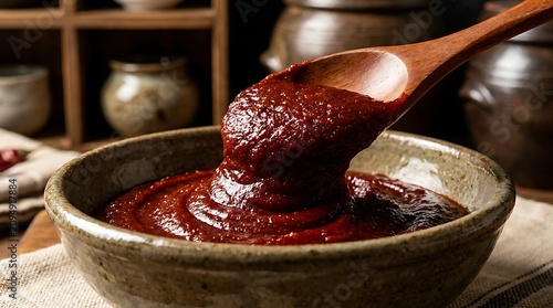 Korean spicy gochujang chili paste in a traditional ceramic bowl with a wooden spoon. 
Gochujang cooking guide