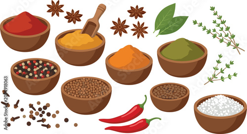 Foto Aromatics spices and herbs set in wooden bowls with chili pepper star anise pepp