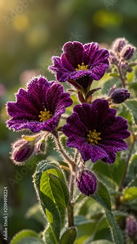 An atmospheric, macro shot of deep purple, velure-textured flowers with yellow stamens, glistening with fine morning dew under soft, golden-hour light.