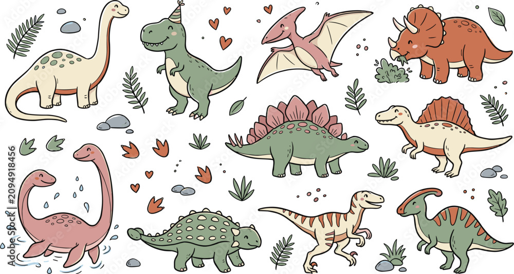Fototapeta premium Watercolor Style Cute Dinosaur Vector Character Set with T-Rex Triceratops Stegosaurus Spinosaurus Plesiosaurus Ankylosaurus Parasaurolophus Velociraptor and Prehistoric Leaves for Children Patterns