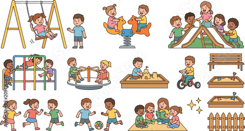 Bild auf Leinwand Children Playground and Outdoor Park Activities Vector Element Set with Kids Pla