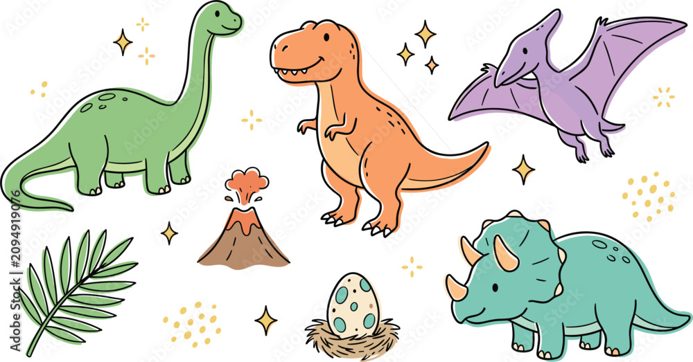 Obraz premium Cute Cartoon Dinosaur Vector Character Set Featuring T-Rex Brachiosaurus Triceratops Pterodactyl Erupting Volcano Egg Nest and Palm Leaf for Kids Nursery Designs