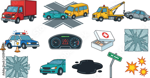 Car Accident and Road Emergency Service Vector Set with Intersection Crash Police Cruiser Tow Truck Shattered Windshield Oil Spill and First Aid Kit