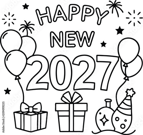 Celebrate the arrival of 2027 with this elegant Happy New Year vector illustration featuring luxurious golden typography, sparkling fireworks, glitter, and festive confetti. Perfect for greeting cards