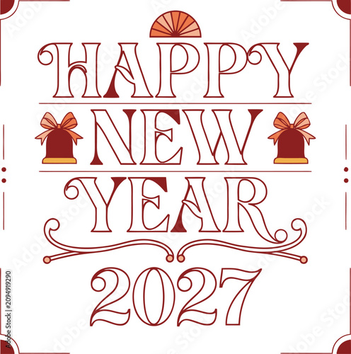 Celebrate the arrival of 2027 with this elegant Happy New Year vector illustration featuring luxurious golden typography, sparkling fireworks, glitter, and festive confetti. Perfect for greeting cards