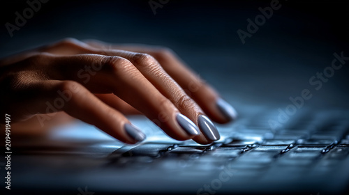 Close-up of female hands typing on laptop keyboard in dark with keyboard computer business