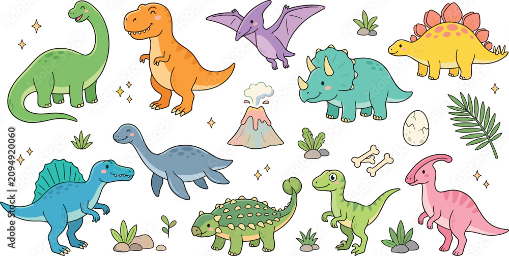 Fototapeta premium Kawaii Cute Dinosaur Cartoon Vector Character Set with Baby T-Rex Triceratops Brachiosaurus Stegosaurus Spinosaurus Ankylosaurus Erupting Volcano Egg and Prehistoric Bones Elements