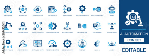 AI automation solid icon set. Featuring robotic workflow process optimization task scheduler smart trigger technology rpa bot artificial intelligence dashboard and network.