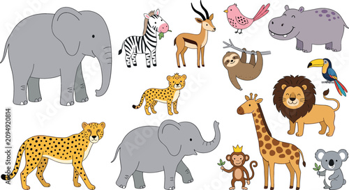 Canvas Print Cute Jungle and Wild Safari Animals Cartoon Vector Set with Lion Elephant Giraff