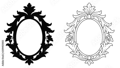 Foto Frames Oval Antique Set with Black Silhouette and Outline Ornate Borders for Ele