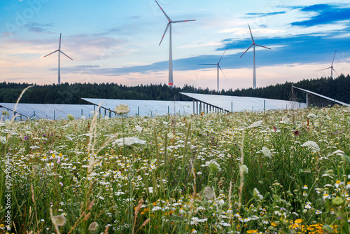 Hybrid renewable energy park with solar panels and wind turbines in a blooming wildflower meadow