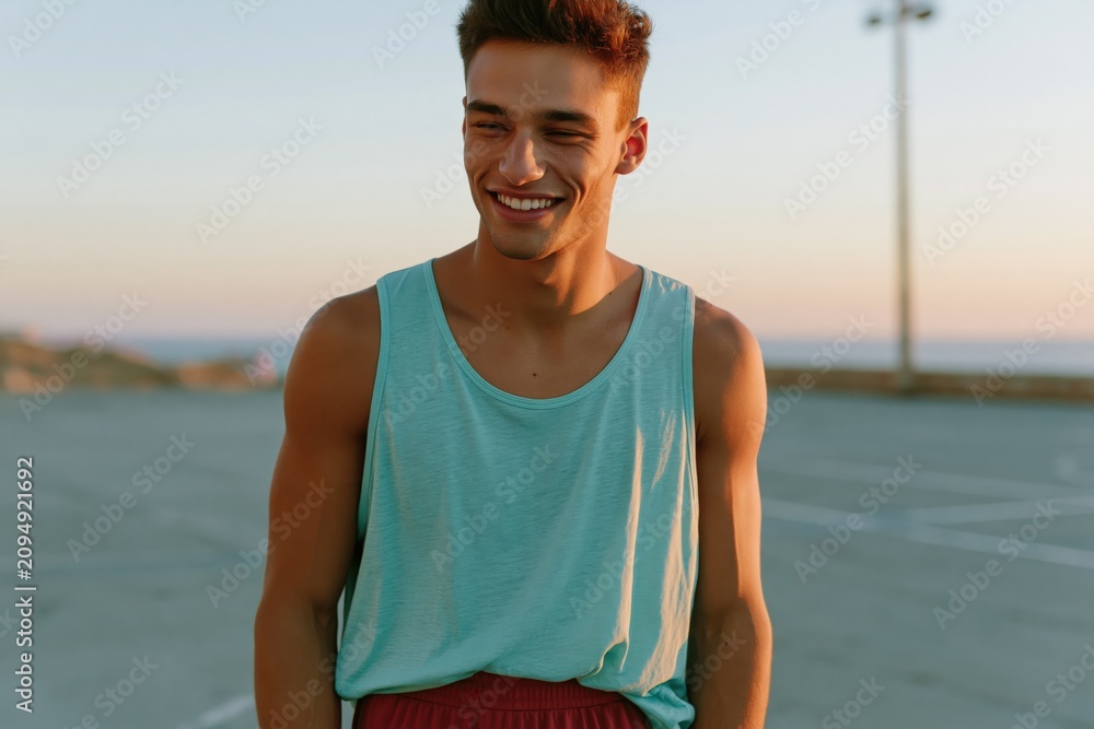 Fototapeta premium Smiling athletic young man in a tank top at sunset by the coast for lifestyle and wellness banner background