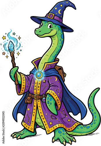 Cute Wizard Dinosaur Cartoon Character Holding Magic Staff Fantasy Reptile Mascot Illustration