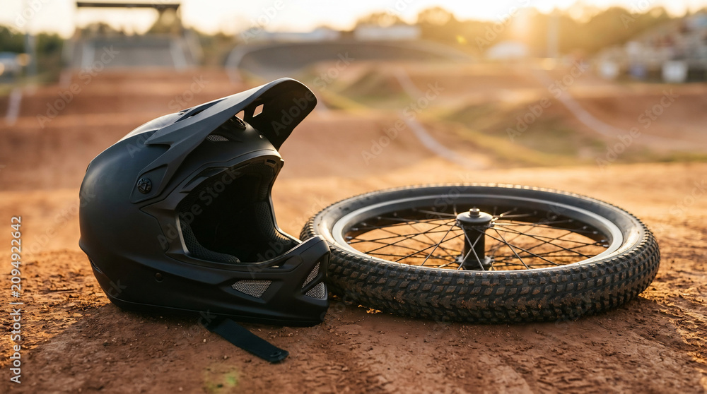 Obraz premium Black full face helmet and bicycle wheel on dirt BMX track at sunset