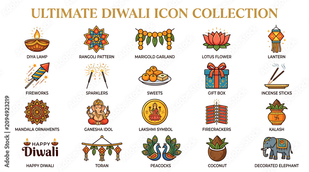 Fototapeta premium Diwali celebration icons showcase various traditional Indian festive elements.