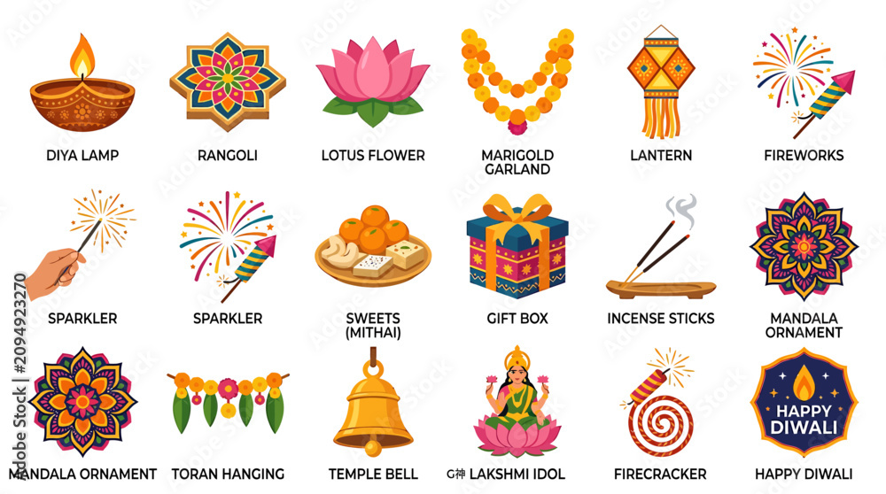 Fototapeta premium Set of colorful Diwali festival icons featuring traditional lamps flowers fireworks and gifts.