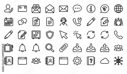 Communication Contact Mail and Productivity Line Icons Vector Collection on White Background