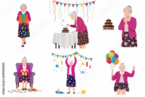 Bild auf Leinwand Set of flat vector illustrations of a senior woman celebrating her birthday party, holding gifts, balloons, and lighting cake candles for a milestone celebration