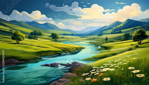 Landscape With River And Green Meadows Natural Scenery In Vertical Format