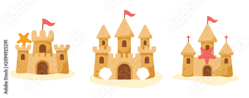Set of three detailed sandcastle sculptures on white background with sandcastle sculpture vacation childhood creative building recreation