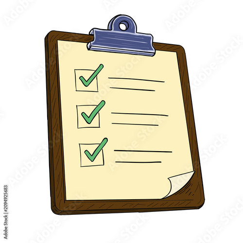 Hand drawn clipboard checklist illustration with completed task list, green check marks and paper document isolated on white background