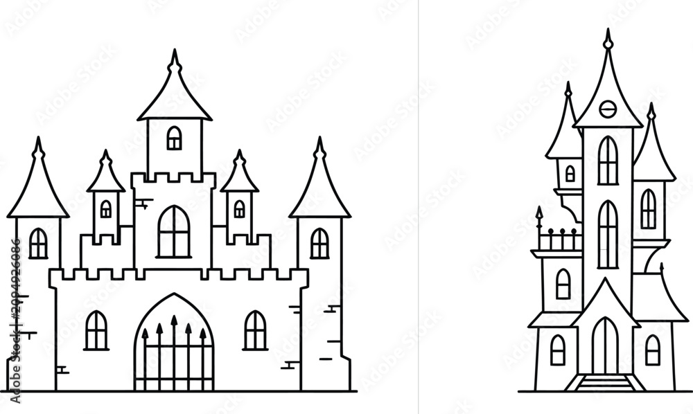 Fototapeta premium Haunted House Outline Collection | Spooky Halloween Cottage Vector Set