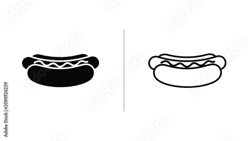 Hot Dog Icon Set with a Solid Black Fill and an Outline Version Perfect for Fast Food Concepts