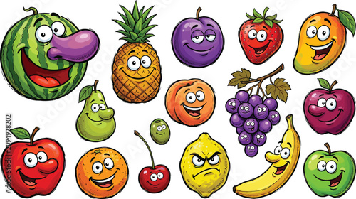 Funny Cartoon Fruit Characters with Different Facial Expressions, Watermelon Pineapple Plum Strawberry Mango Peach Grapes Apple Pear Lemon Vector Set