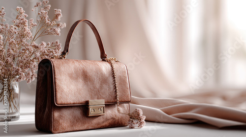 Suede handbag with gold accents presents a chic fashion accessory, embodying elegance and quiet luxury within a stylish indoor setting complemented by a warm coffee and dried flowers