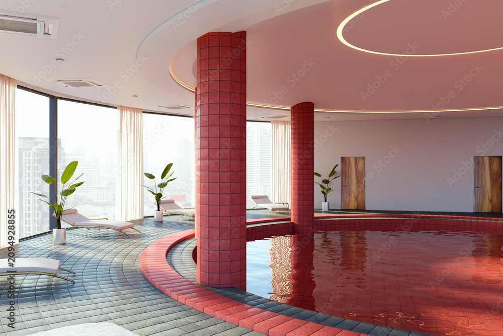 Obraz premium Luxury indoor swimming pool interior with red tiled columns, lounge chairs and curved panoramic windows overlooking city skyline. 3D Rendering