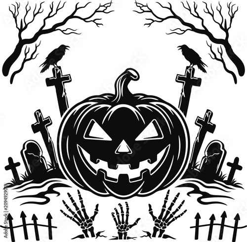 Halloween pumpkin in cemetery vector silhouette isolated on white background. Jack o lantern with graves and crows black graphic element for spooky holiday.