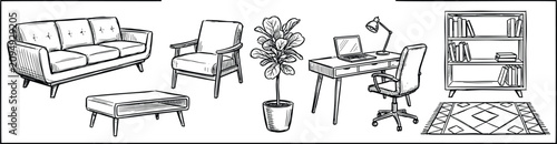 Fotografía Hand drawn doodle set of modern living room and home office furniture with sofa, desk, chair, and bookshelf