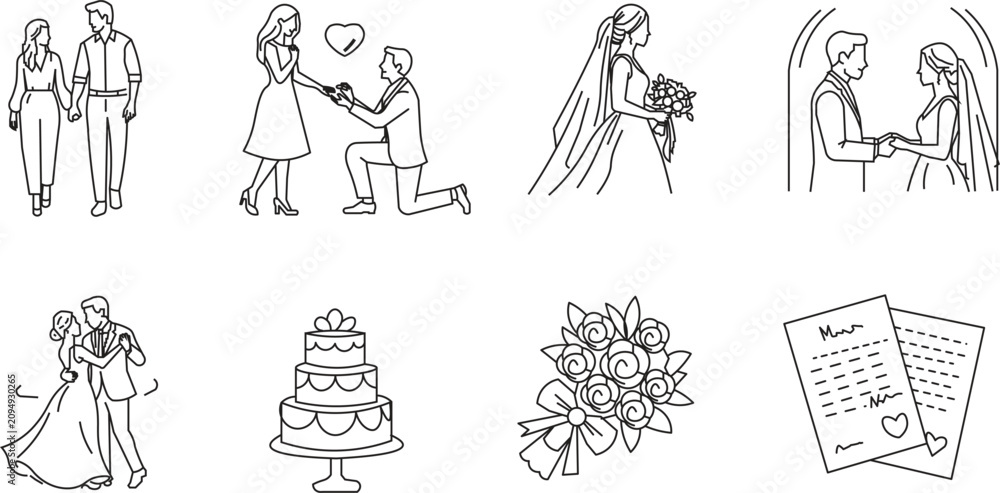 Fototapeta premium Elegant wedding and engagement line art vector bundle. Minimalist aesthetic couple illustrations, luxury marriage icons, marriage proposal, dating, bride with bouquet, and newlyweds hugging.