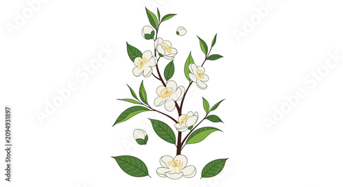 Vertical branch illustration featuring several large white blossoms with yellow centers and dark green pointed leaves.