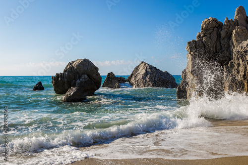 фотографія Mediterranean seascape, blue sea, rocks on the coast, summer day