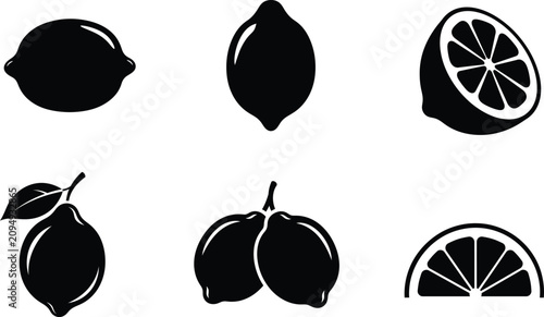 Schilderij op canvas Set of lemon icons, vector illustration of citrus fruits, whole and sliced lemon