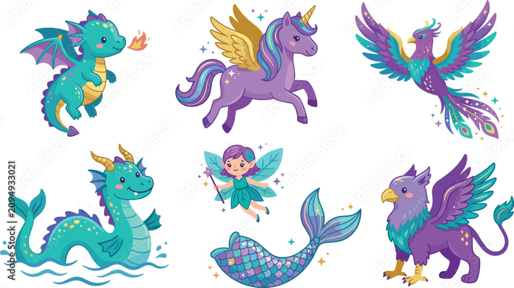 Fototapeta premium Cute Magical Fantasy Creatures Set, Dragon Unicorn Phoenix Sea Serpent Fairy Mermaid Griffin Vector Illustration for Kids Fairytale Design