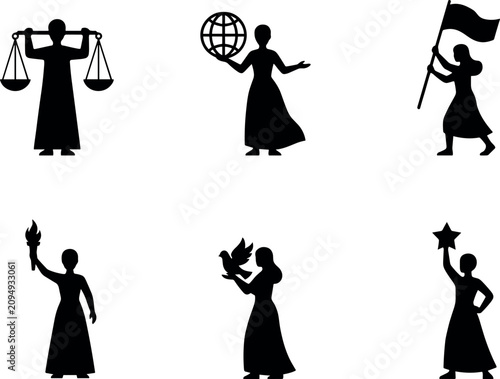 Bild auf Leinwand Allegorical and symbolic female character silhouettes set with scales globe flag