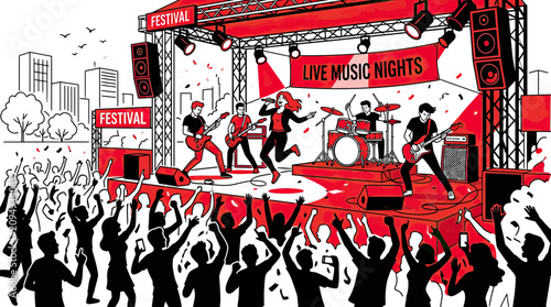 Energetic rock band performing live on stage at a music festival