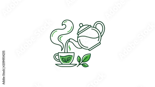 Green tea pouring from a teapot into a cup with fresh leaves