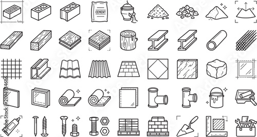 Construction materials and hardware line icon set isometric industrial building supplies cement timber bricks pipes paint tools vector illustration