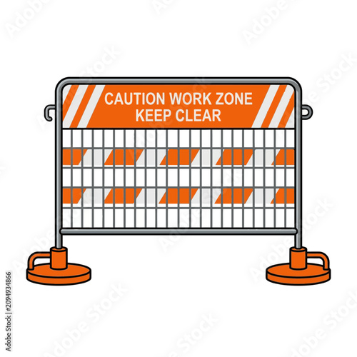 Orange caution work zone keep clear construction barrier fence safety vector illustration isolated on white background