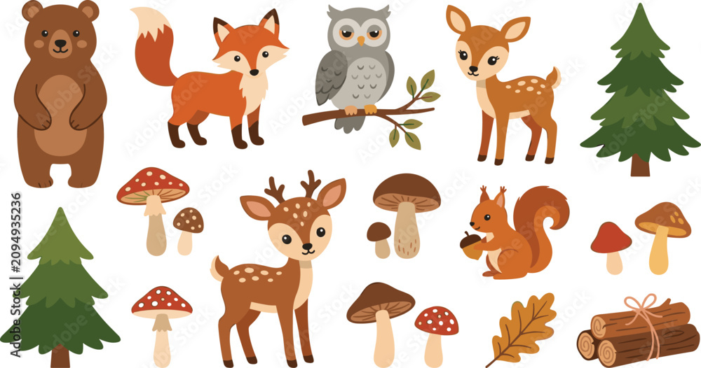Fototapeta premium Cute Woodland Forest Animals Set, Bear Fox Owl Deer Squirrel Mushroom Pine Tree Vector Cartoon Illustration for Kids Nursery Design