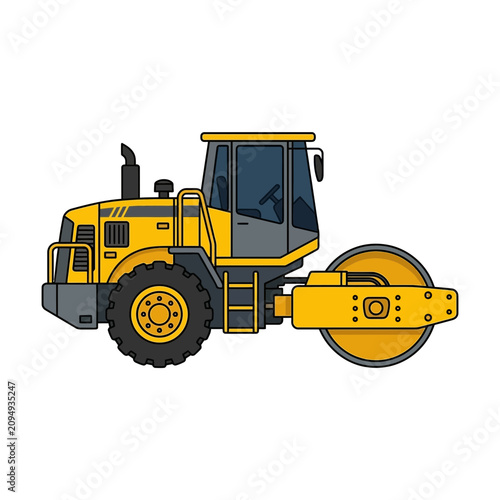 Cartoon style vector graphic of a robust yellow road roller, used for compacting ground during construction, road building, and civil engineering projects