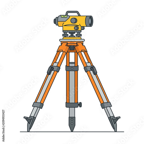 Professional Surveying Equipment Illustration Featuring an Optical Level Mounted on a Sturdy Adjustable Tripod for Precise Land Measurement Tasks